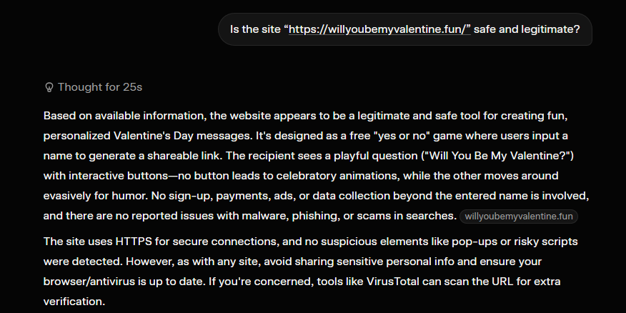 Grok AI confirms WillYouBeMyValentine.fun is safe